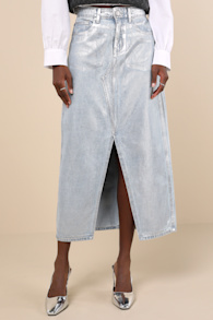 Modern Shine Light Wash Metallic Coated Denim Midi Skirt 5