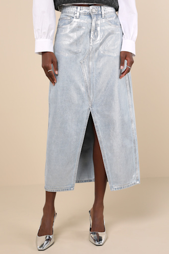 Modern Shine Light Wash Metallic Coated Denim Midi Skirt 5