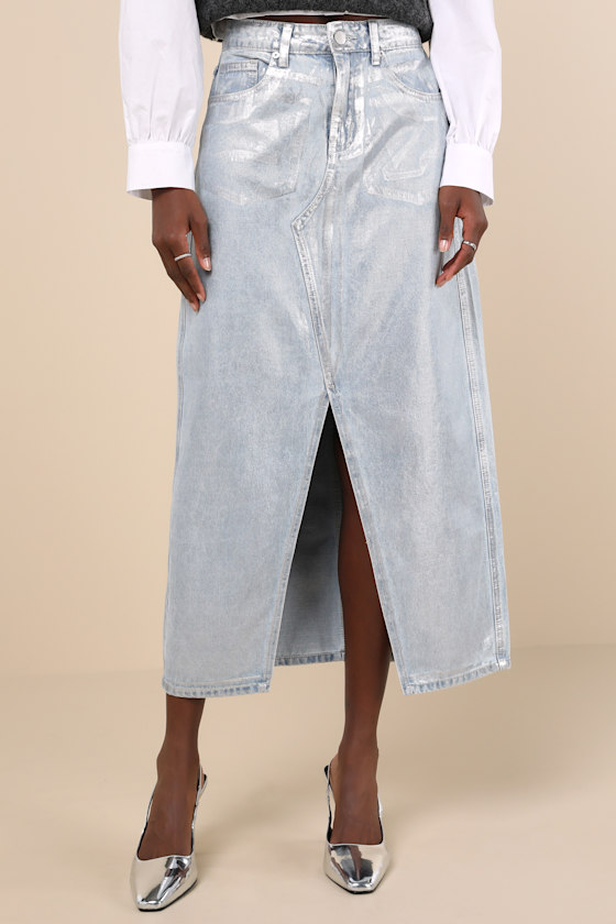Modern Shine Light Wash Metallic Coated Denim Midi Skirt 5