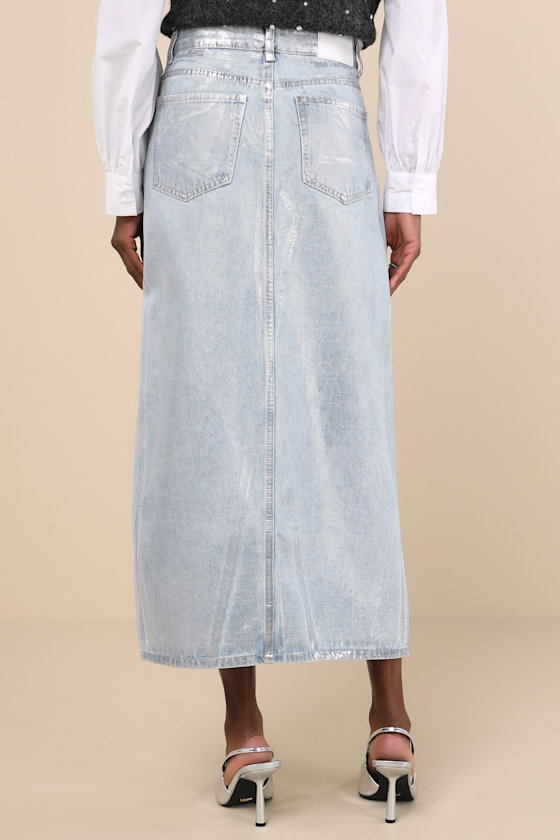 Modern Shine Light Wash Metallic Coated Denim Midi Skirt 4