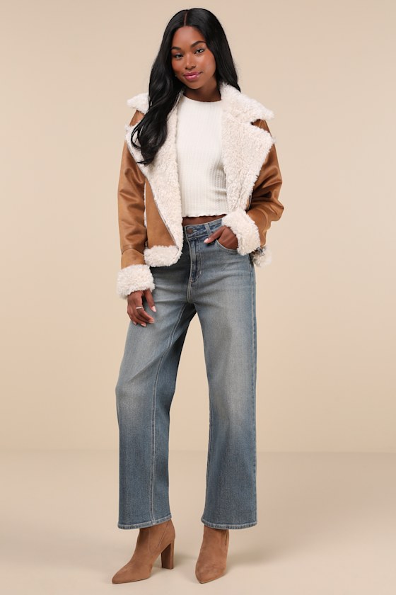 NVLT Shearling Jacket - Brown Moto Jacket - Faux Fur Trim