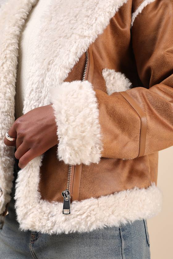 Lulus Cozy Allover Brown Vegan Leather Shearling Trim Moto Jacket In Brown