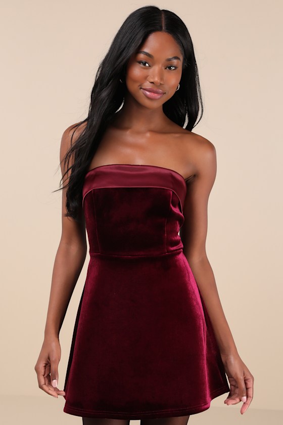 Captivating Admiration Burgundy Velvet Strapless Mini Dress 5