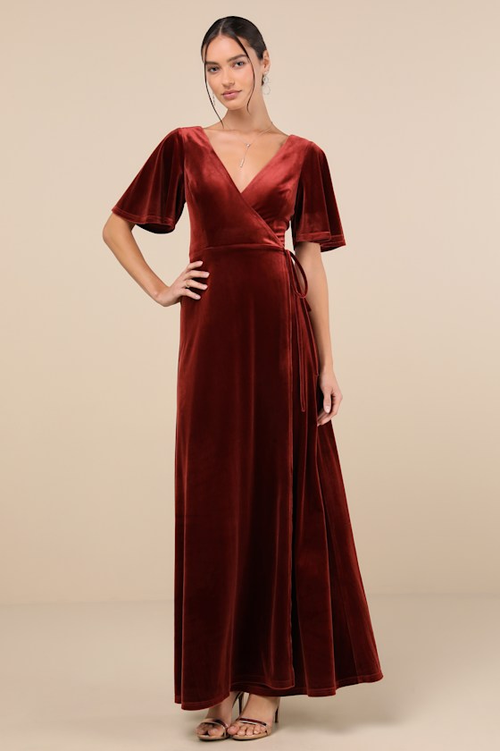 Lulus Defining Elegance Rust Red Velour Short Sleeve Wrap Maxi Dress In Rust Red