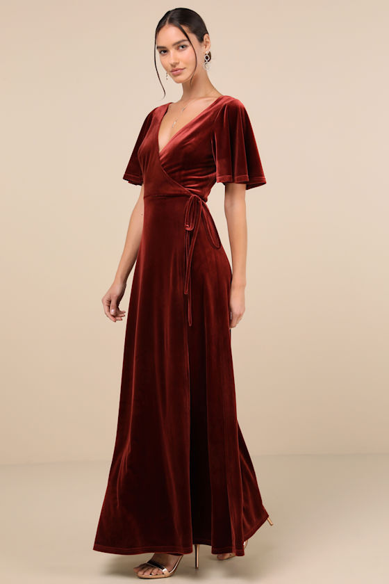 Lulus Defining Elegance Rust Red Velour Short Sleeve Wrap Maxi Dress In Rust Red
