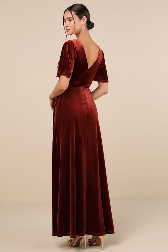 Lulus Defining Elegance Rust Red Velour Short Sleeve Wrap Maxi Dress In Rust Red