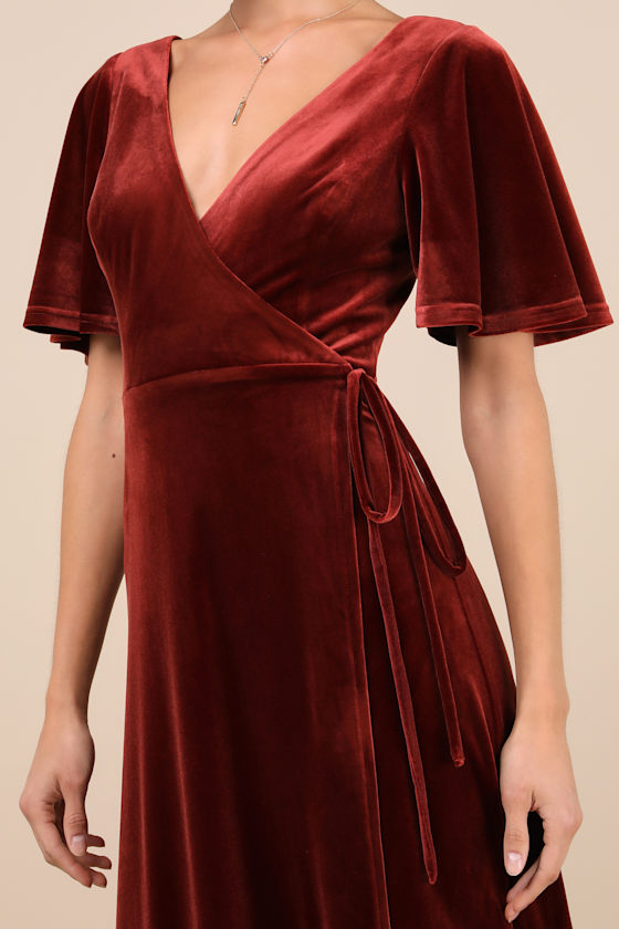 Lulus Defining Elegance Rust Red Velour Short Sleeve Wrap Maxi Dress In Rust Red
