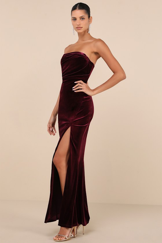 Perfectly Captivating Plum Purple Velvet Strapless Maxi Dress 3
