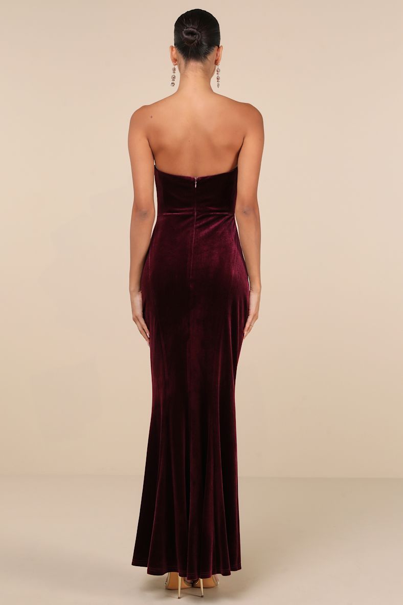 Perfectly Captivating Plum Purple Velvet Strapless Maxi Dress