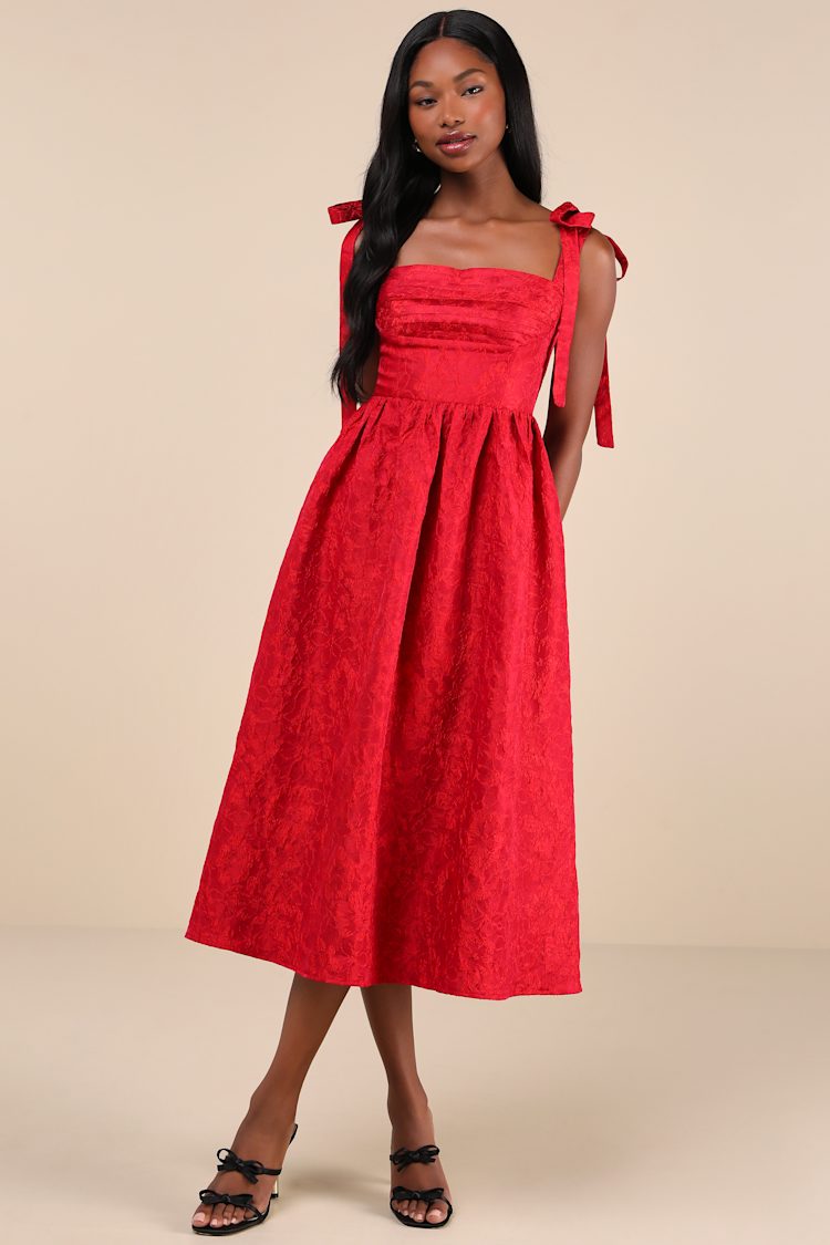 red jacquard feathered reina midi dress Red Linen Dominica Midi Dress
