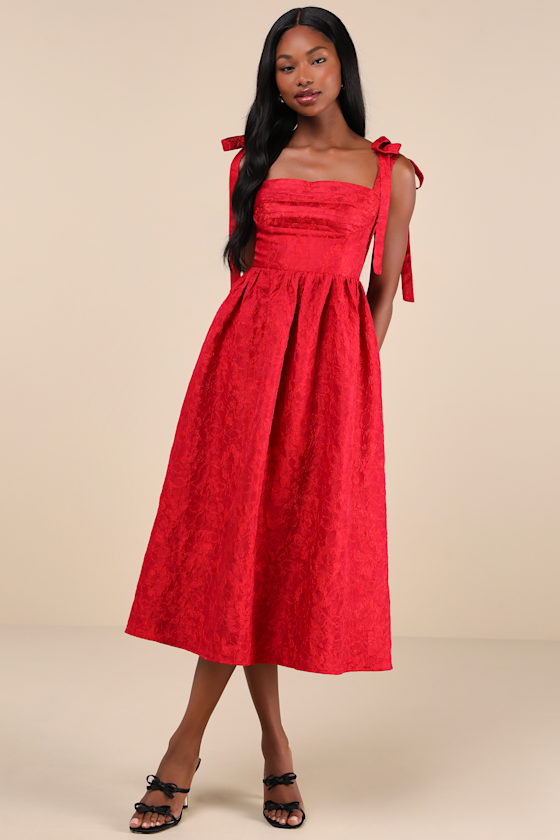 Red Jacquard Midi Dress - Bustier Midi Dress - Tie-Strap Dress - Lulus