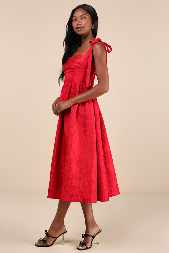 Red Jacquard Midi Dress - Bustier Midi Dress - Tie-Strap Dress - Lulus