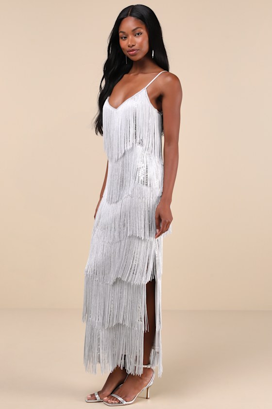 LULUS GET IN THE GROOVE SILVER SEQUIN FRINGE BODYCON MAXI DRESS