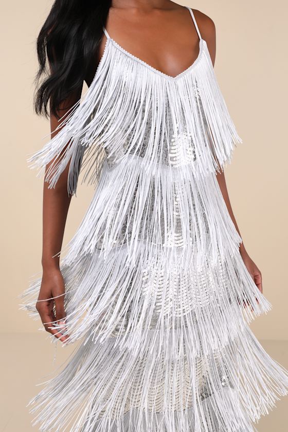 LULUS GET IN THE GROOVE SILVER SEQUIN FRINGE BODYCON MAXI DRESS