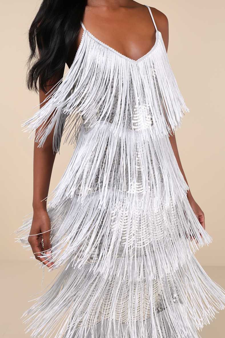 Get in the Groove Silver Sequin Fringe Bodycon Maxi Dress