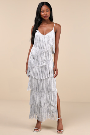Silver Sequin Dress - Sexy Fringe Dress - Bodycon Maxi Dress