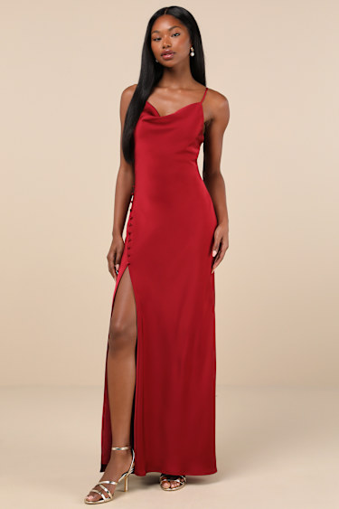 Wine Red Maxi Dress Cowl Neck Dress Side Button Satin Dress