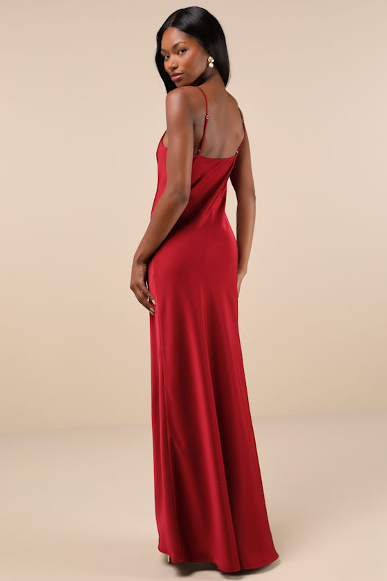 Lulus Truly A Beauty Wine Red Satin Cowl Neck Side Button Maxi Dress In Wine Red