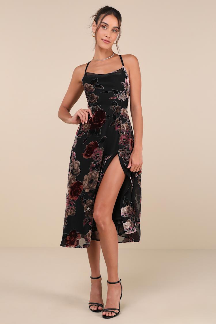 Black Floral Velvet Burnout Dress - Tie-Back Dress - Midi Dress - Lulus