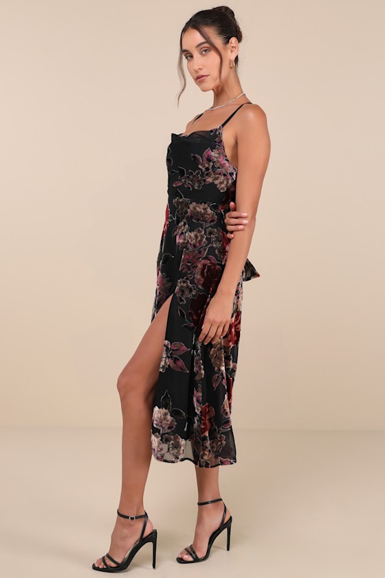 Lulus Exuberant Vibes Black Floral Velvet Burnout Tie-back Midi Dress In Black