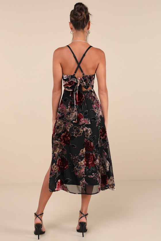 Lulus Exuberant Vibes Black Floral Velvet Burnout Tie-back Midi Dress In Black