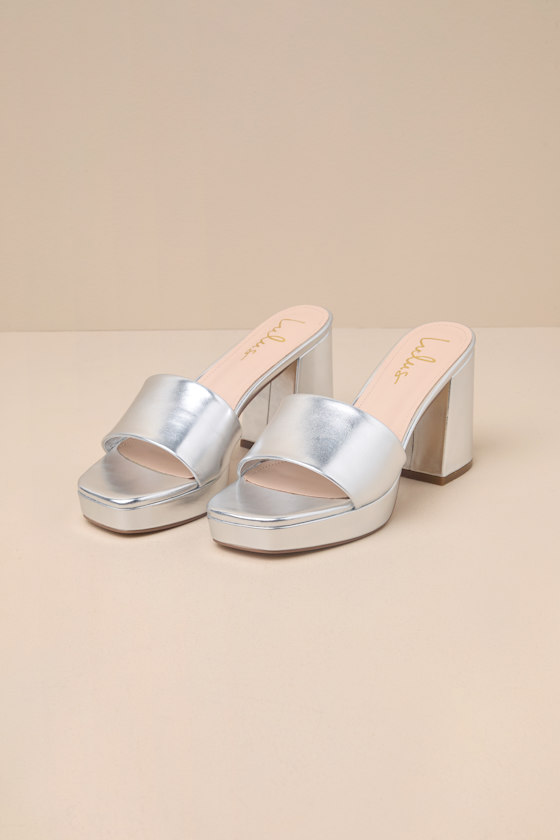 Lulus Carington Silver High Heel Slide Sandals In Silver