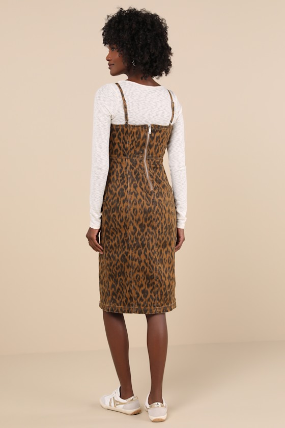 Steve Madden Giselle Brown Leopard Print Sleeveless Denim Midi Dress In Brown