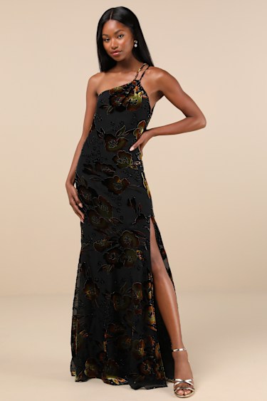 Black Maxi Dress Velvet Burnout Dress One-Shoulder Dress Lulus