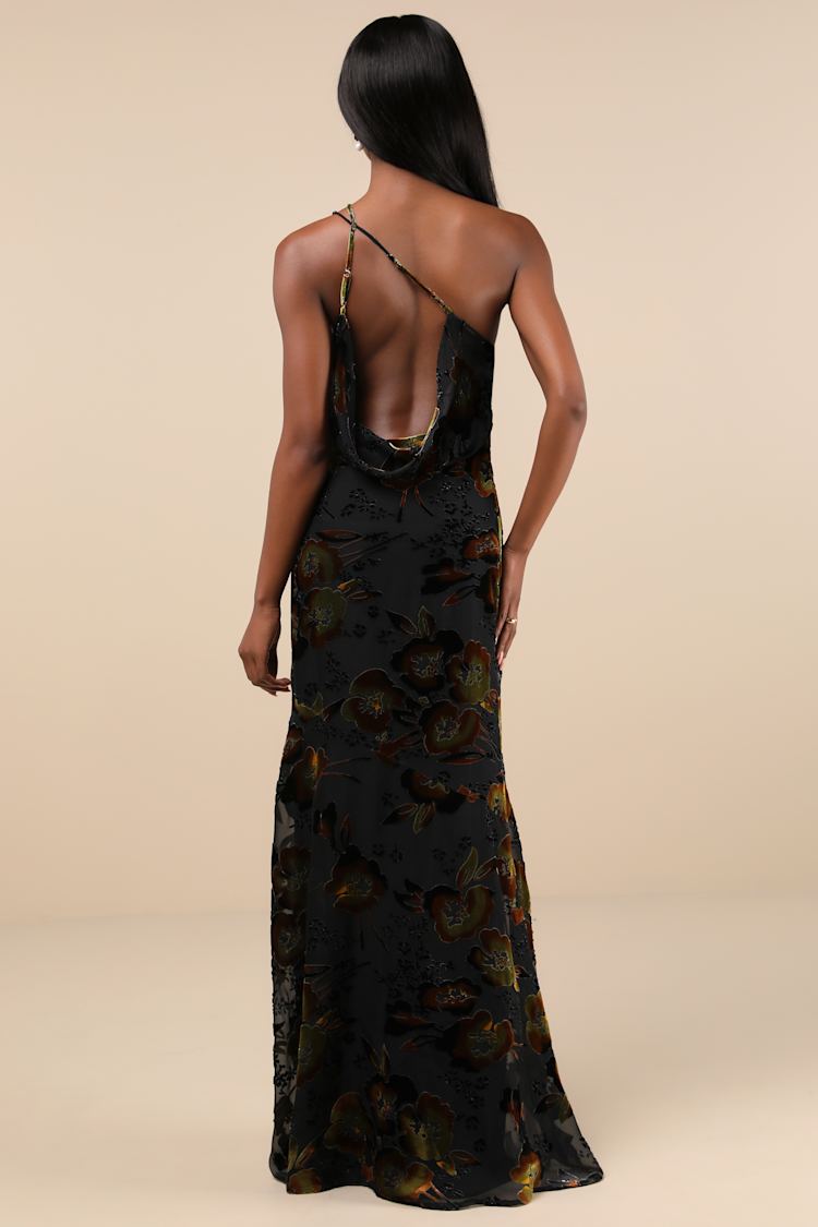Ethereal Entrance Black Velvet Burnout One-Shoulder Maxi Dress