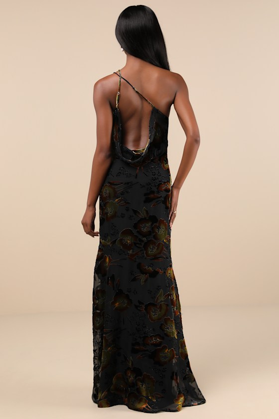 Ethereal Entrance Black Velvet Burnout One-Shoulder Maxi Dress 1