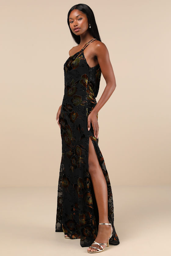 Lulus Ethereal Entrance Black Velvet Burnout One-shoulder Maxi Dress In Black