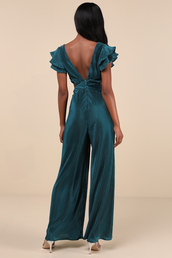 Lulus Luxe Decision Dark Teal Plisse Satin Cutout Wide-leg Jumpsuit In Teal