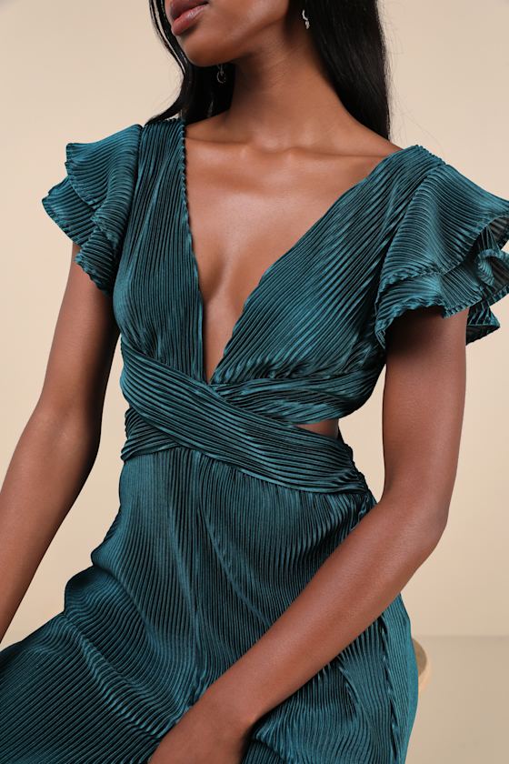 Lulus Luxe Decision Dark Teal Plisse Satin Cutout Wide-leg Jumpsuit In Teal