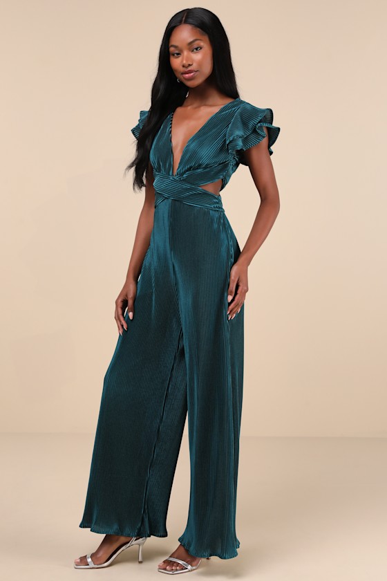 Lulus Luxe Decision Dark Teal Plisse Satin Cutout Wide-leg Jumpsuit In Teal