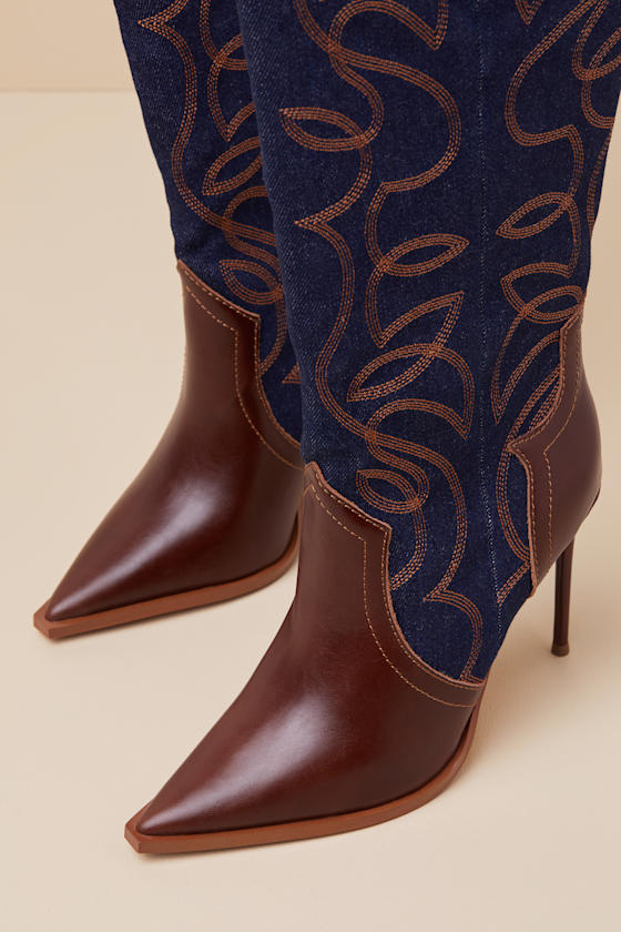 Tyrant Denim Multi Leather Knee-High High Heel Western Boots 3