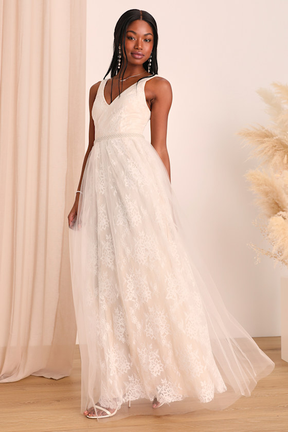 Beaded Maxi Dress - Ivory Lace Gown ...