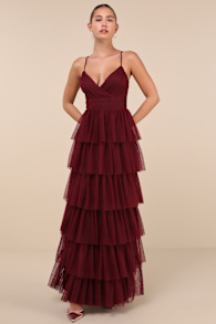 Rule the Runway Burgundy Tulle Surplice Tiered Maxi Dress 3