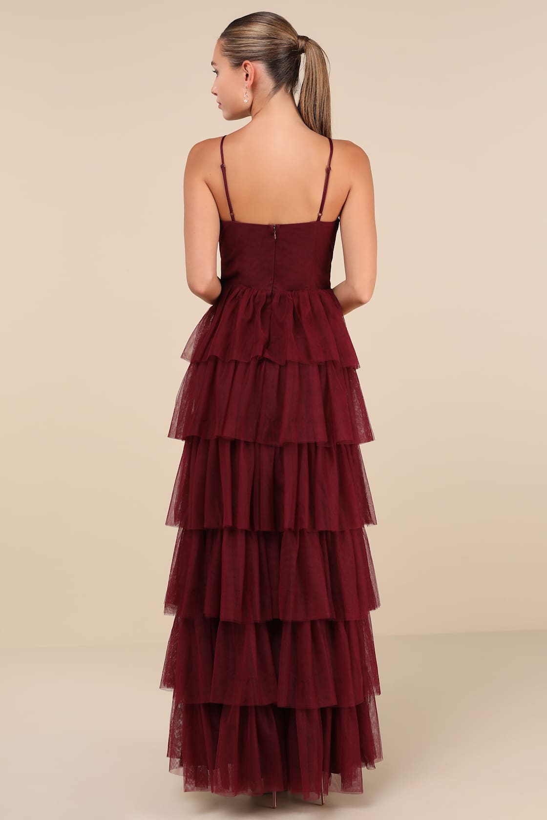 Rule the Runway Burgundy Tulle Surplice Tiered Maxi Dress
