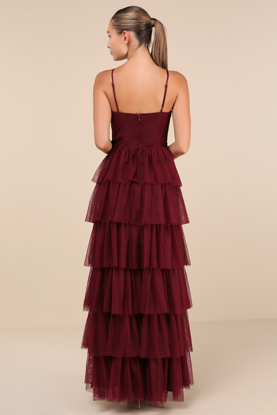 Rule the Runway Burgundy Tulle Surplice Tiered Maxi Dress 1