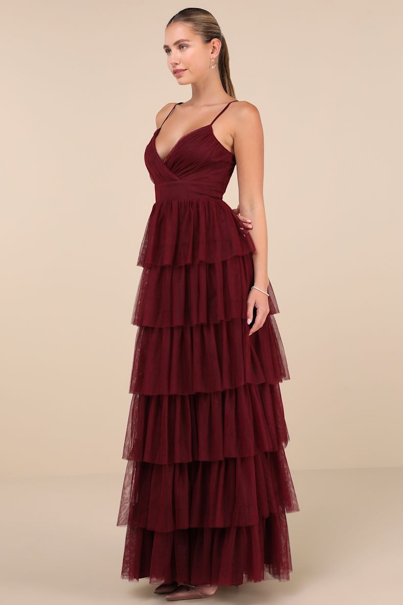 Rule the Runway Burgundy Tulle Surplice Tiered Maxi Dress