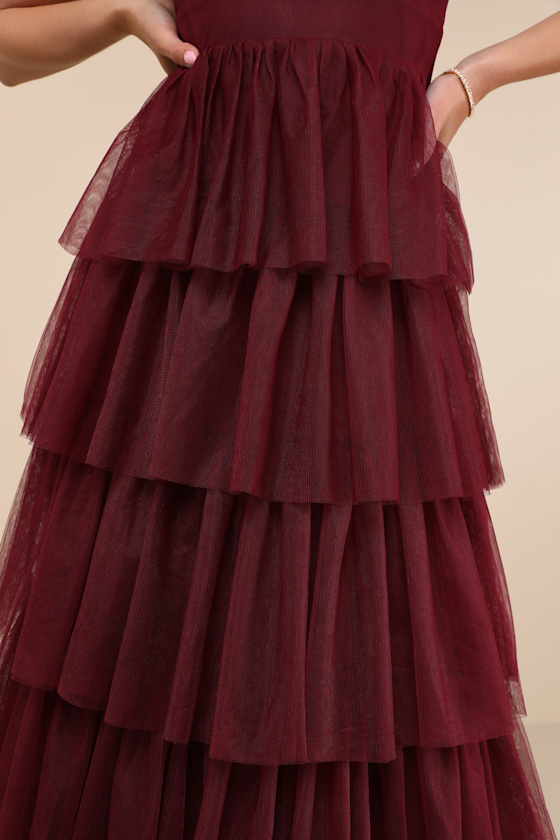 Lulus Rule The Runway Burgundy Tulle Surplice Tiered Maxi Dress In Burgundy