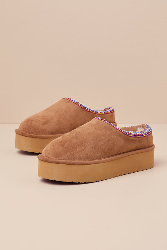 Elyse-W Tan Suede Embroidered Flatform Slippers 1