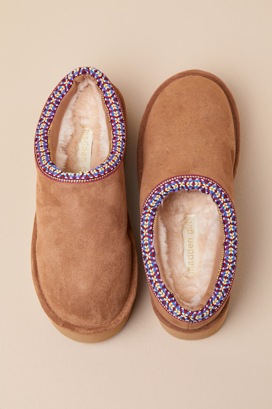 Elyse-W Tan Suede Embroidered Flatform Slippers 2