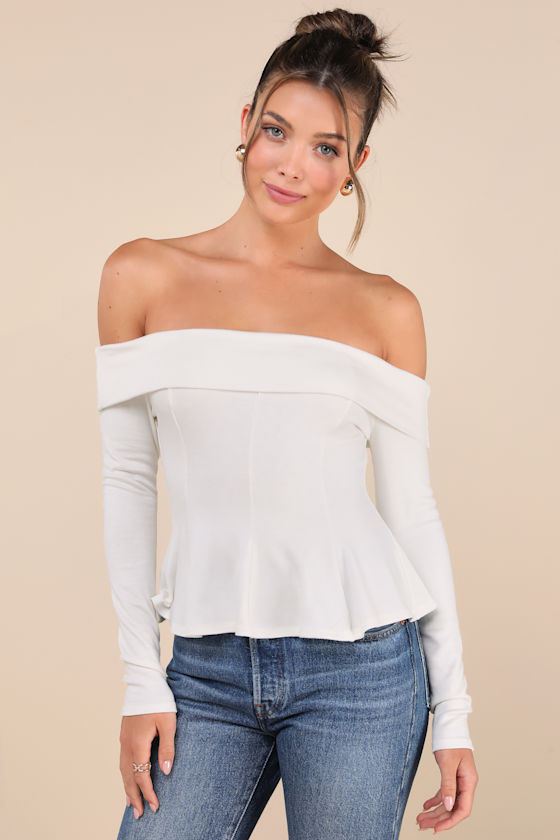 Ivory Off the Shoulder Top Long Sleeve Top Flare Hem Top Lulus