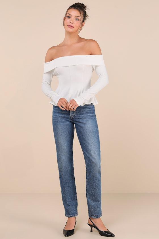 Lulus Flattering Pick Ivory Off-the-shoulder Long Sleeve Top In Ivory