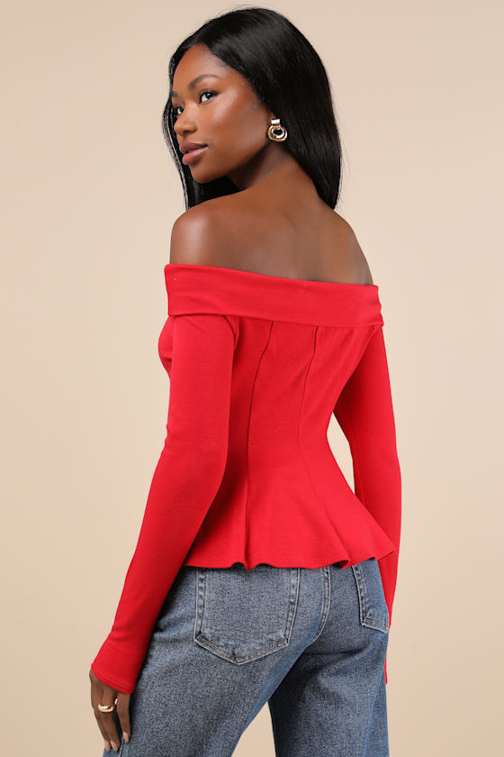 Flattering Pick Red Off-the-Shoulder Long Sleeve Top 4