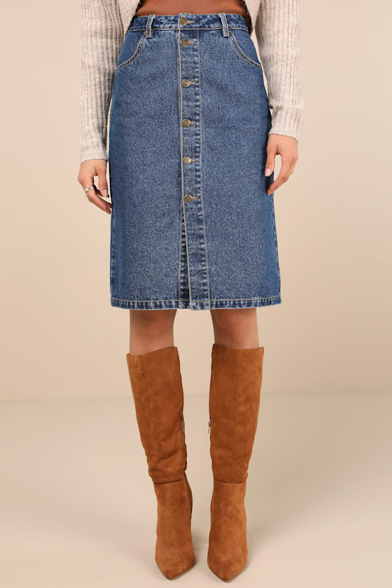 LULUS ADMIRABLE ATTITUDE MEDIUM WASH DENIM BUTTON-FRONT MIDI SKIRT