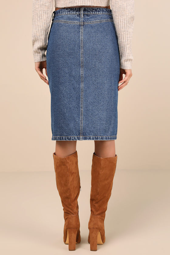 LULUS ADMIRABLE ATTITUDE MEDIUM WASH DENIM BUTTON-FRONT MIDI SKIRT