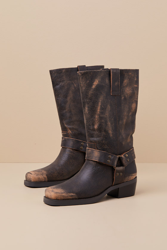 Rhoda Brown Distressed Leather Mid-Calf Moto Boots 1