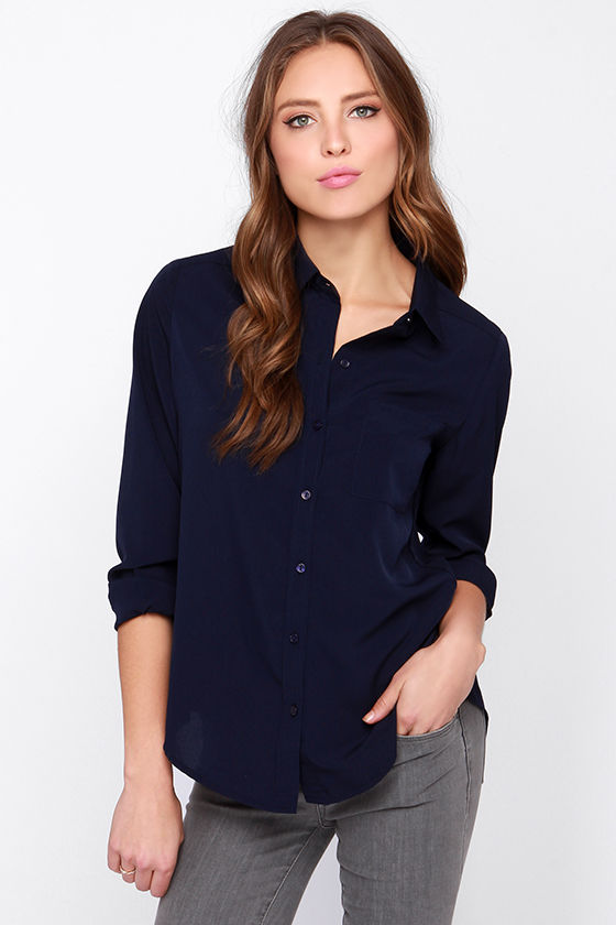 Navy blue solid Casual Buttoned Top